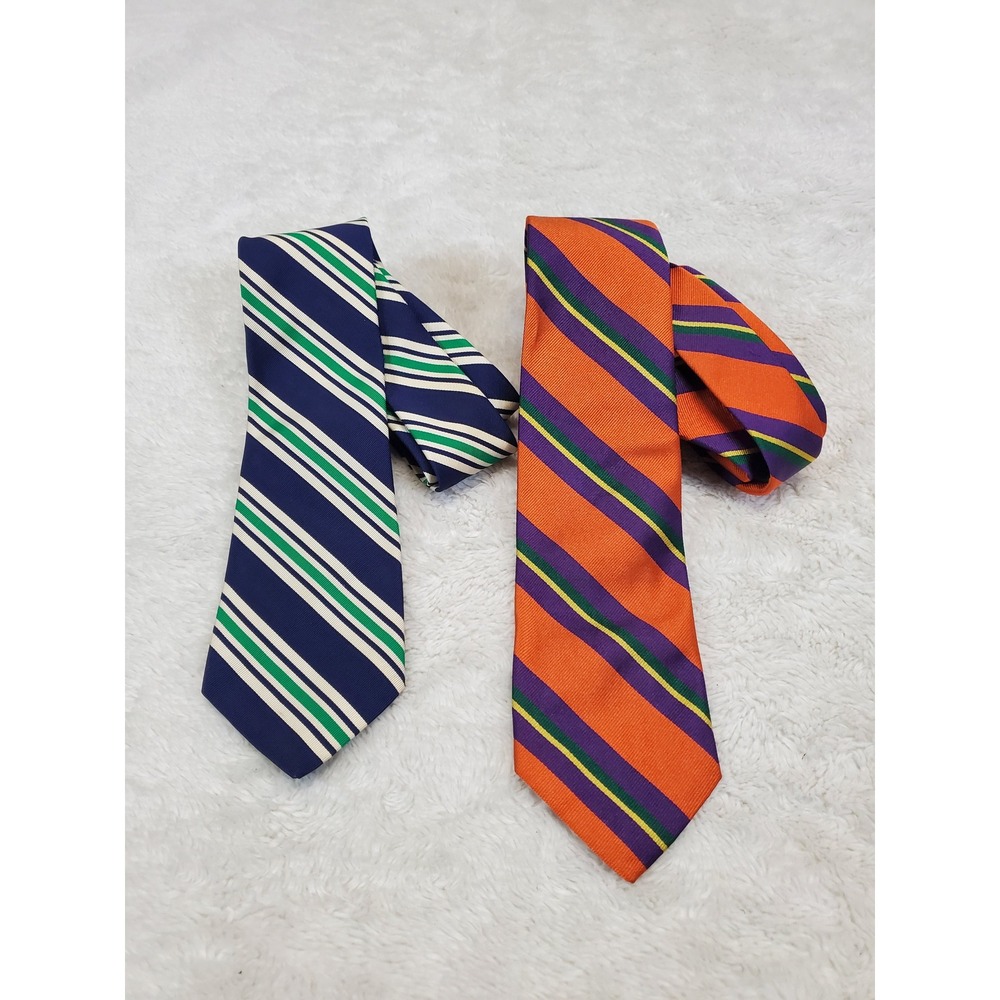 Vintage Polo Ralph Lauren Navy Blue Orange Striped Tie Set 3.25" Silk Office